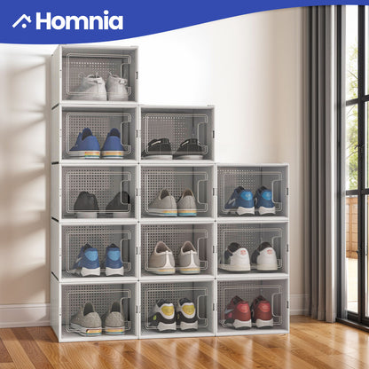 Stackable Shoe Storage Boxes – 12 Pcs Organizer with Airflow Holes, Fits Up to Men’s Size 14, Durable, Dust-Proof, Space-Saving Closet Room Solution