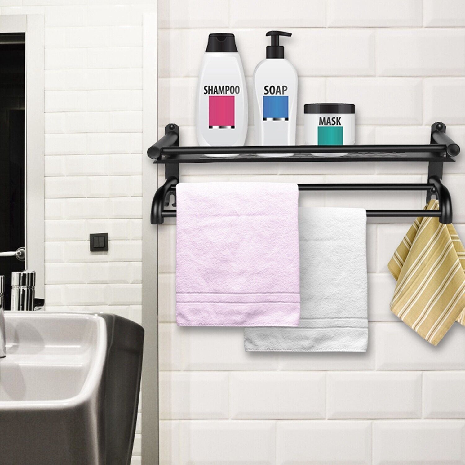 2Tiers Wall Mounted Towel Rack Bar Rail Towel Holder Bathroom Storage Shelf Tray