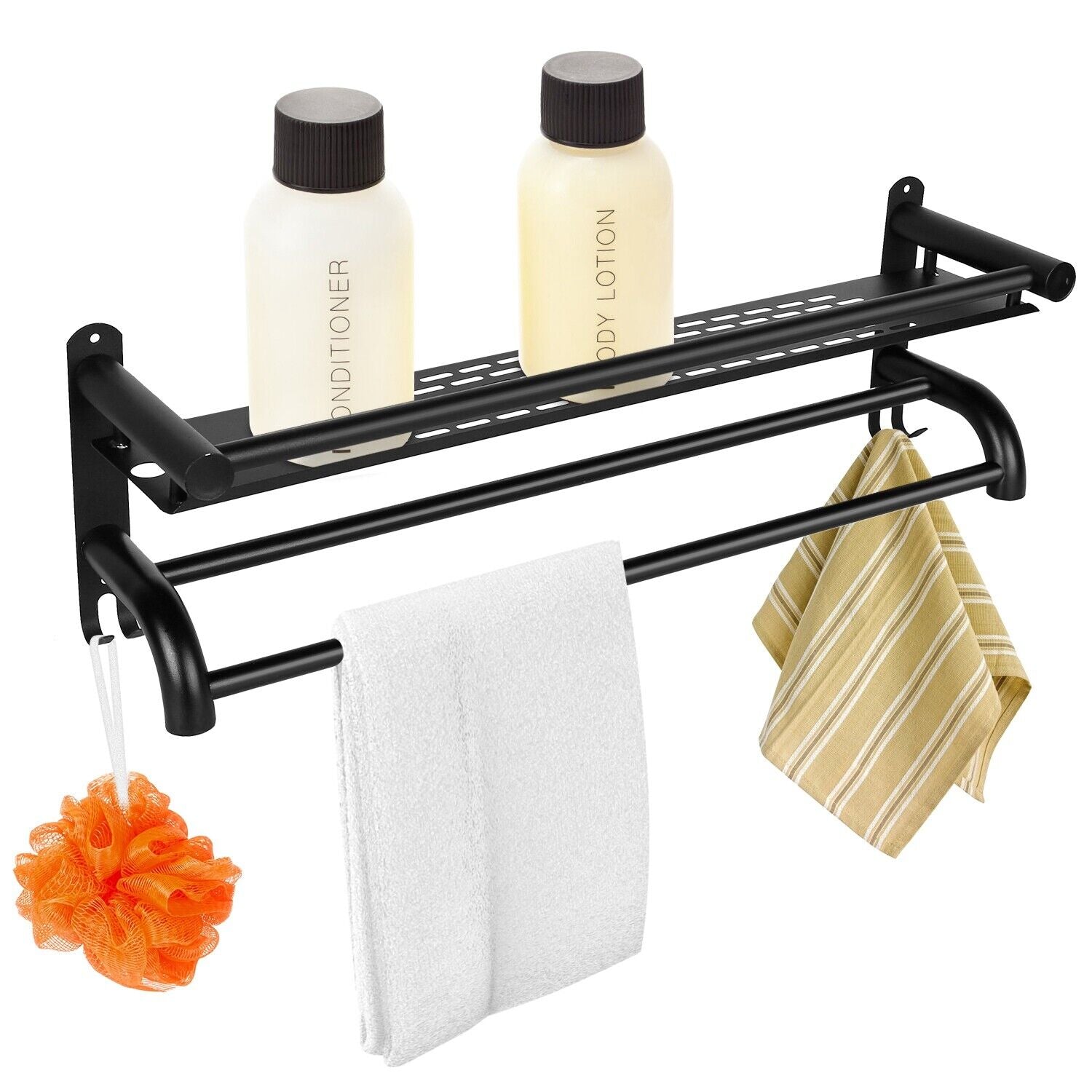 23.6'' 2-Tier Wall-Mounted Towel Rack - Matte Black Bathroom Organizer with Storage Shelf, Dual Bars, Hooks, Corrosion-Resistant & Easy Install