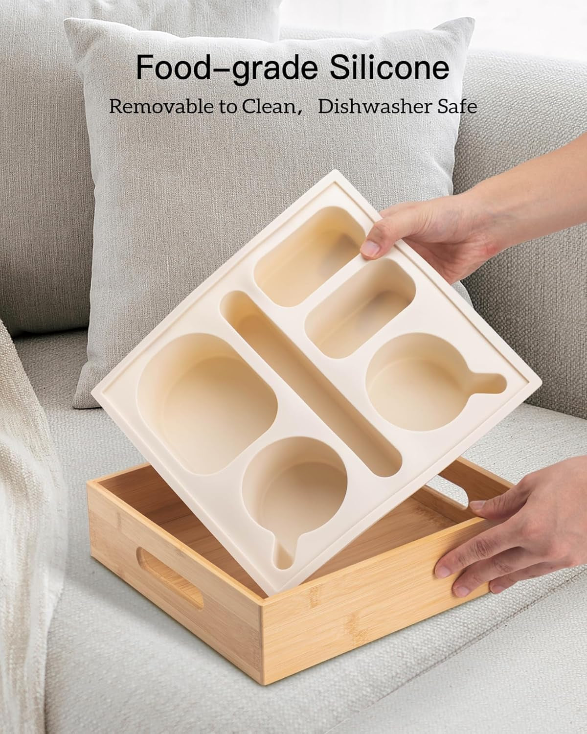 Couch Cup Holder with Lid, Silicone Bed Caddy with Cup Holder, Bed Organizer for Drinks, Snacks, Remotes, Bamboo Couch Caddy for Sofa, Bed and Car(Beige)