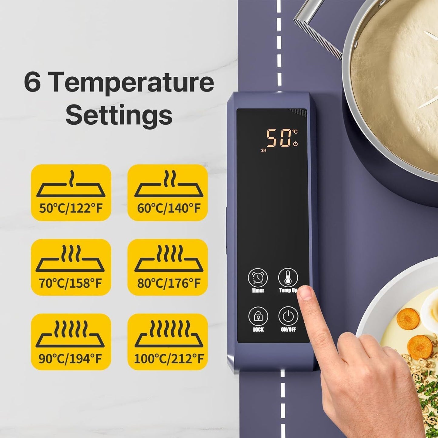 Food Warming Mat Electric Tray – 6 Temperature & 5 Timer Settings, Fast Heating Silicone, Child Lock, Easy to Clean & Roll Up, Customizable 