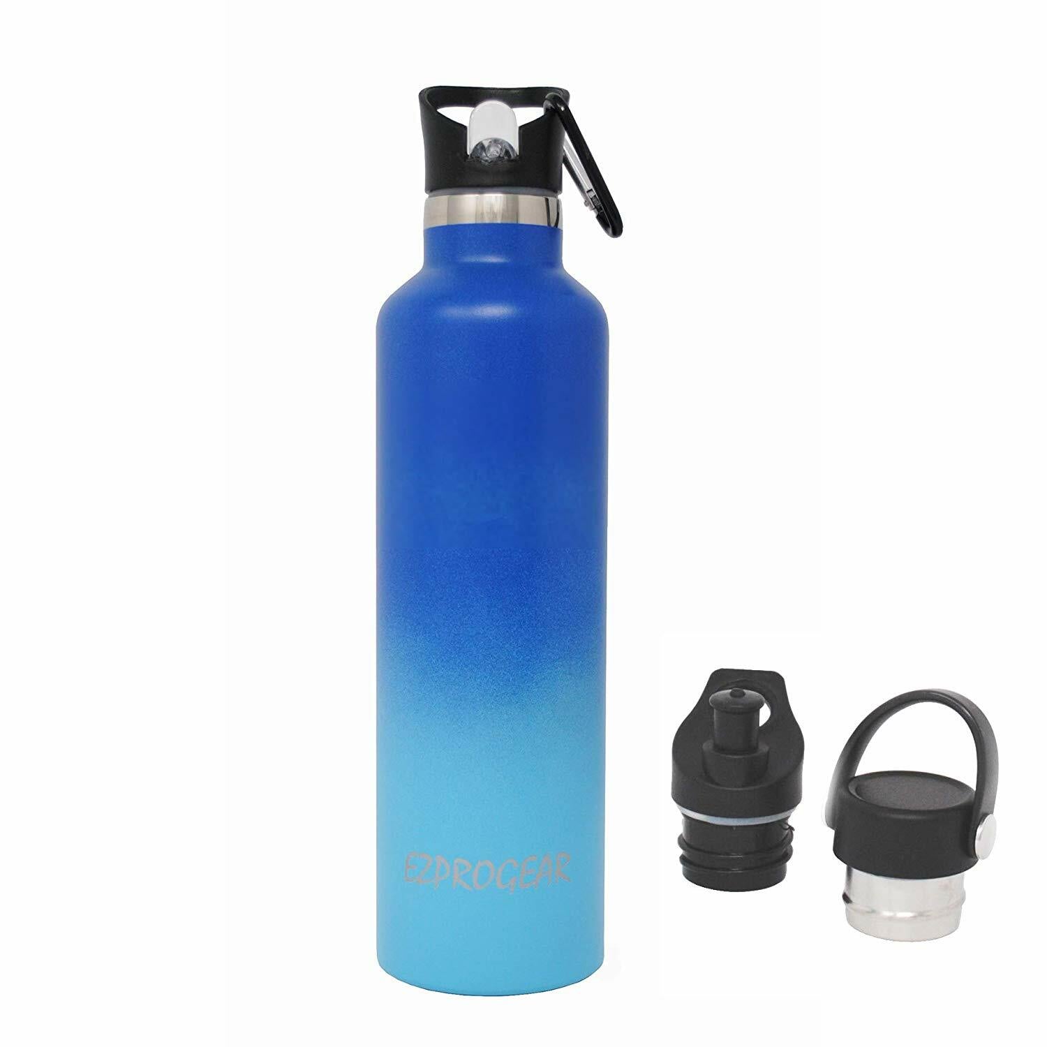 Stainless Steel Vacuum Insulated Double Wall Water Bottle W/3 Lid, Straws, Clip