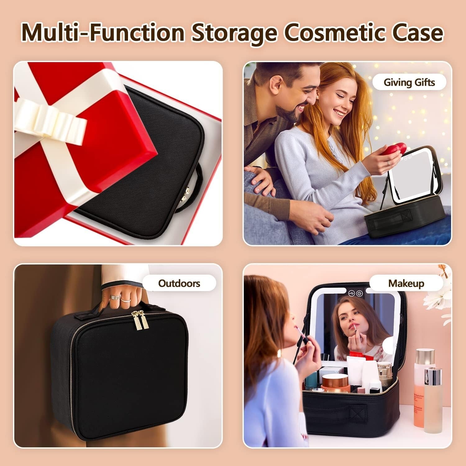 Travel Makeup Bag with LED Lighted Makeup Case with Mirror 3 Color Setting
