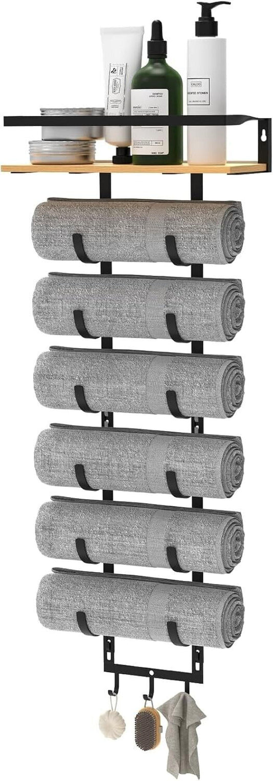 Towel Racks for Rolled Towels - Wall Mounted Bathroom Towel Holder with Wood Shelf & 3 Hooks, Space-Saving Vertical Storage for Small Bathrooms