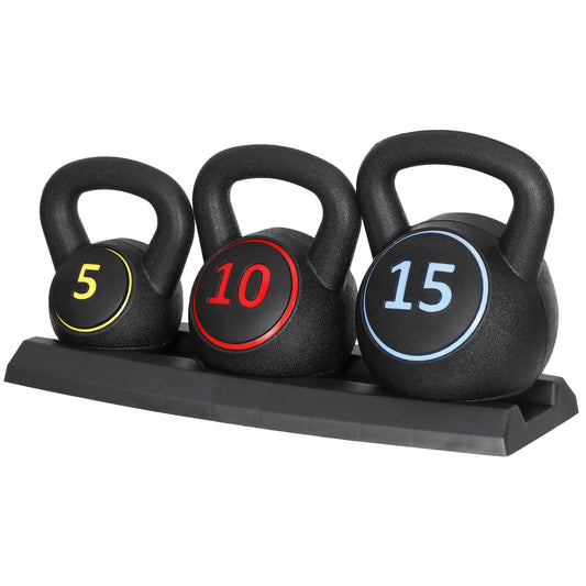 Kettlebell Workout Set for Full-Body Fitness - 3-Piece Set (5, 10, 15 lbs) with Storage Rack, Wide Grip, Home Gym Essential, Space-Saving Design