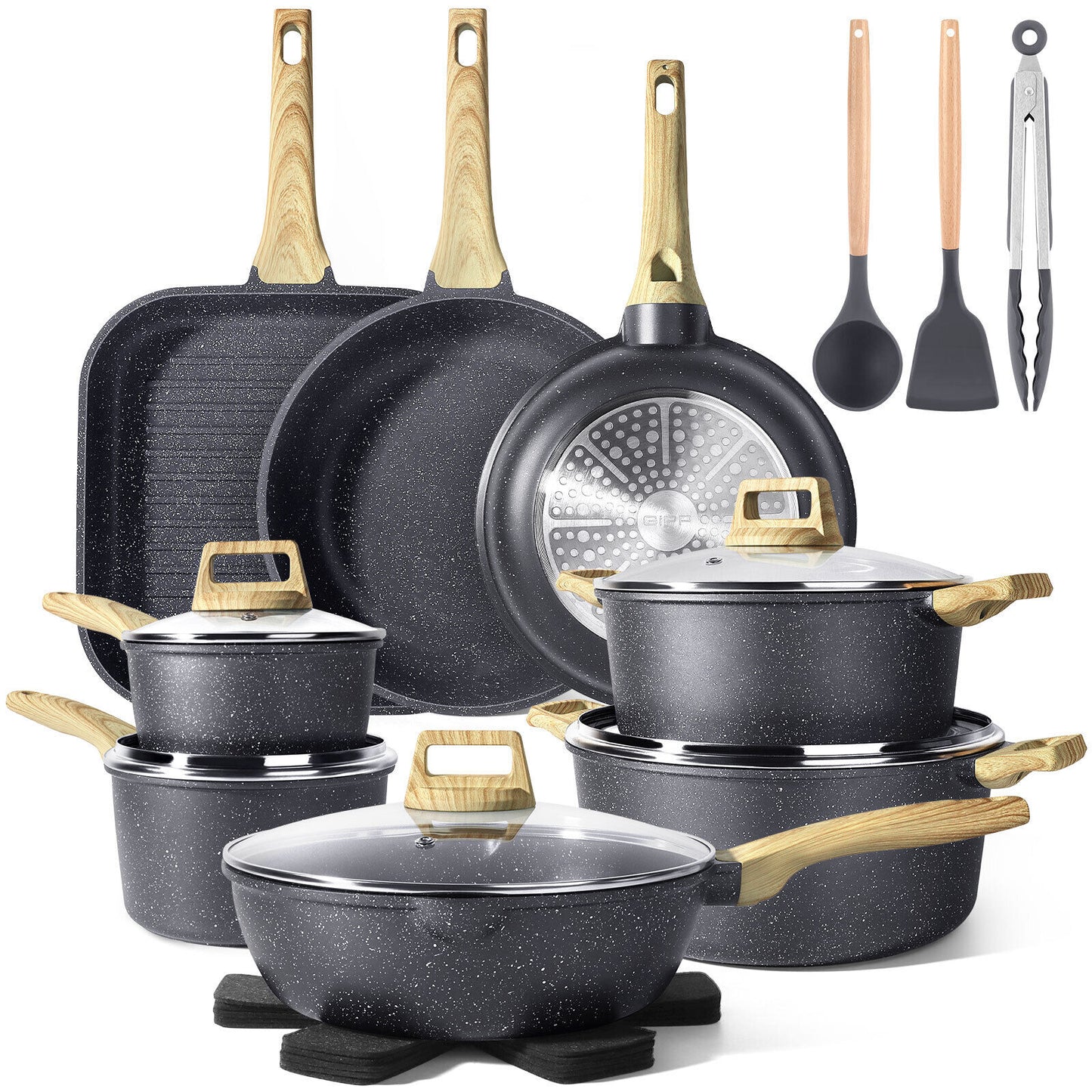 complete cookware 21 pcs set - Ultra Non-Stick Granite Pots and Pans, Induction Compatible, PFOS & PFOA-Free, Easy to Clean, Works on All Stovetops