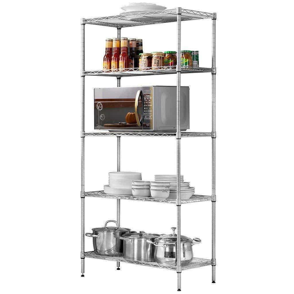 5-Tier Heavy Duty Metal Wire Shelving Unit | Adjustable Free-Standing Carbon Steel Storage Rack, Aluminium Organiser Shelf Plastic Tool Traditional