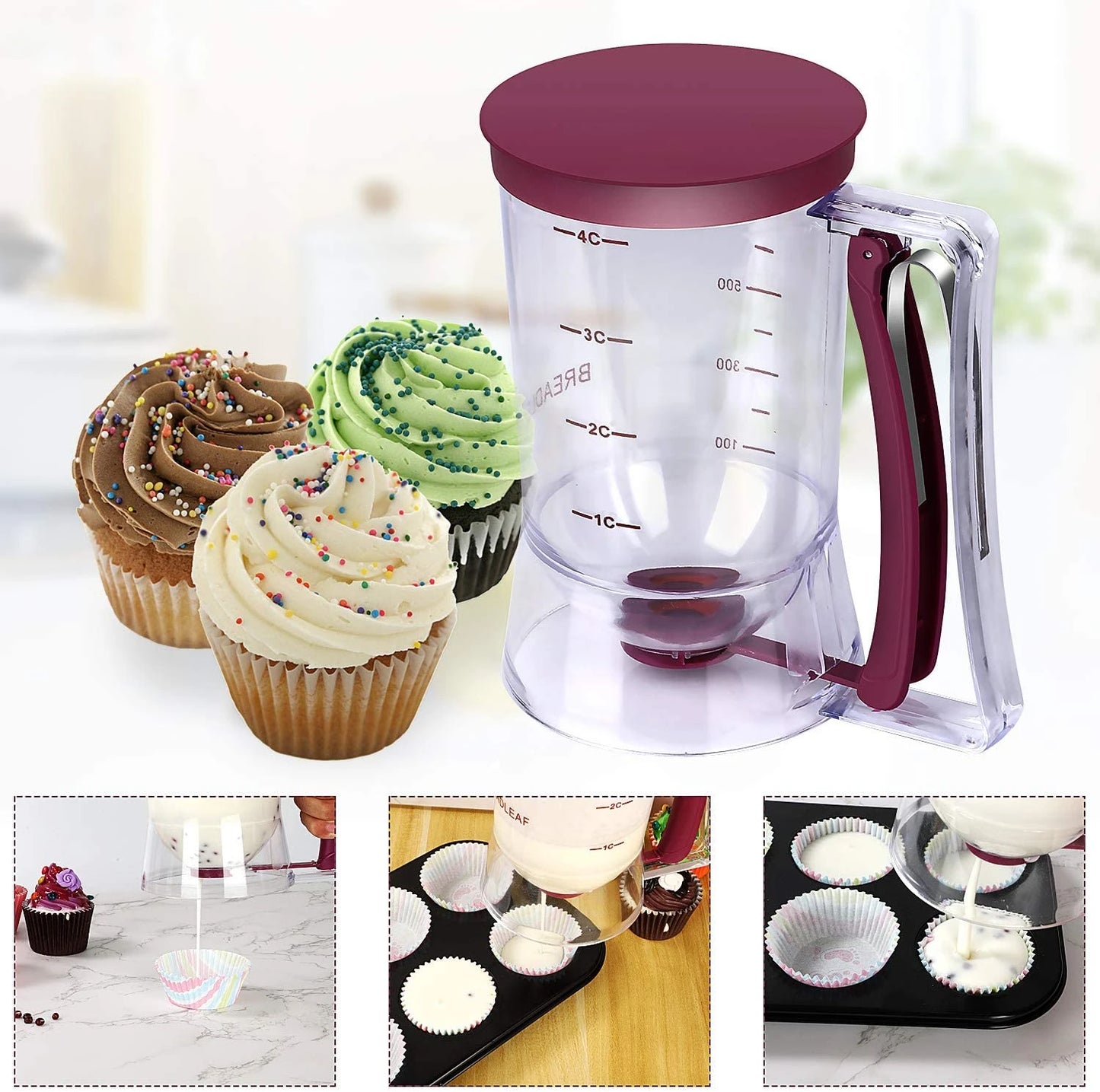 Pancake Batter Dispenser with Measuring Label (900mL) – 4 Cup Cupcake & Muffin Squeeze Bottle w/ Handle, Silicone Brush & Spatula | No Mess, Easy Baking