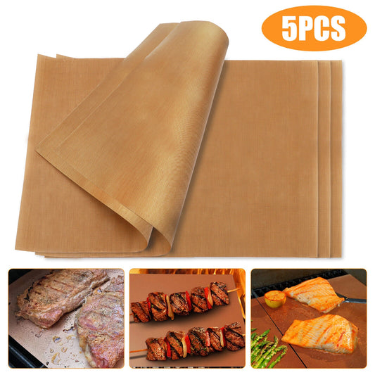 TikTok Chef's Non-Stick Grill Mat 5Pcs Reusable Copper Mats - Food-Grade & Heat-Resistant for Easy Cleanup, Silicone Utensils Bbq Handles Nonstick