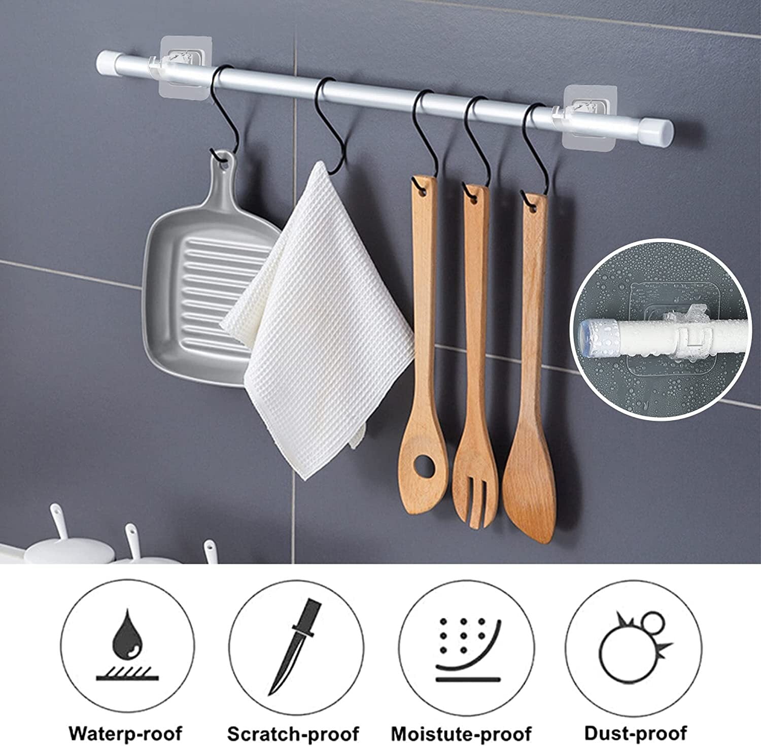 8PCS Nail Free Adjustable Curtain Rod Clip Brackets Self Adhesive Holder Hooks