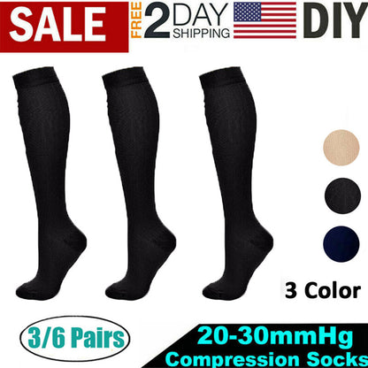 6 Pairs Support Socks Firm Compression Hose Opaque Knee High Wide Calf Stockings