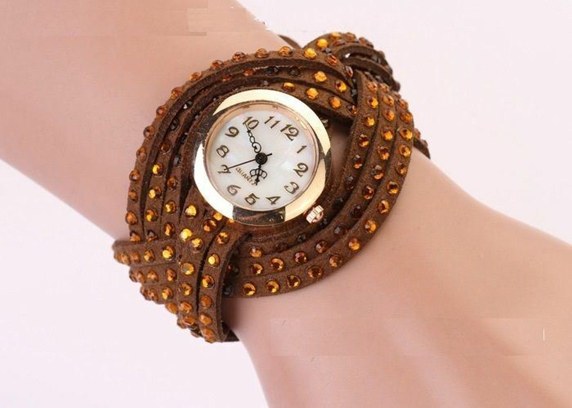 New Fashion Women Crystal Multilayer Leather Bracelet Quartz Analog Wrist Watch