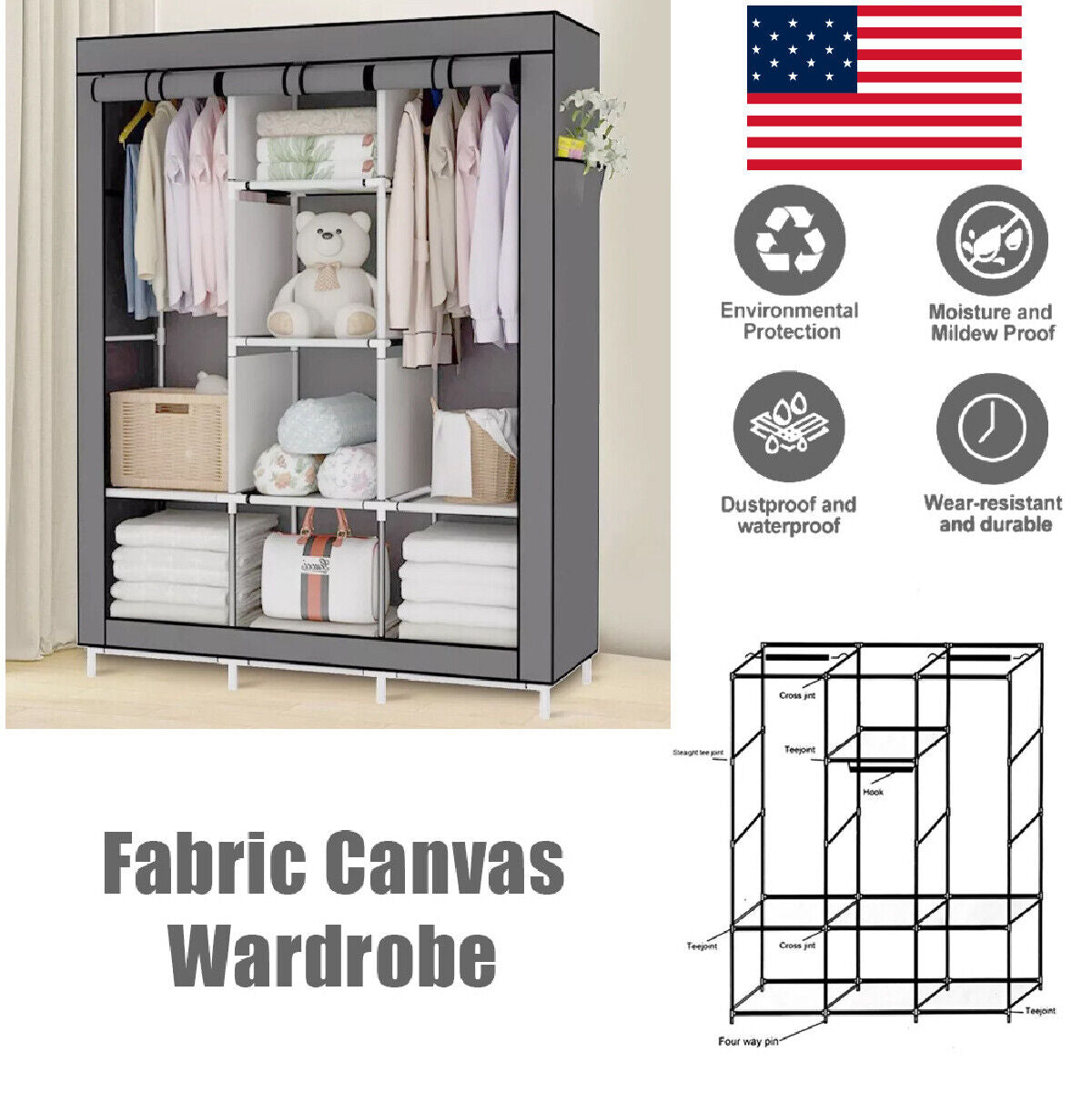 Heavy Duty Portable Closet Organizer Wardrobe Clothes Shoe Clothes Rack W/ Cover