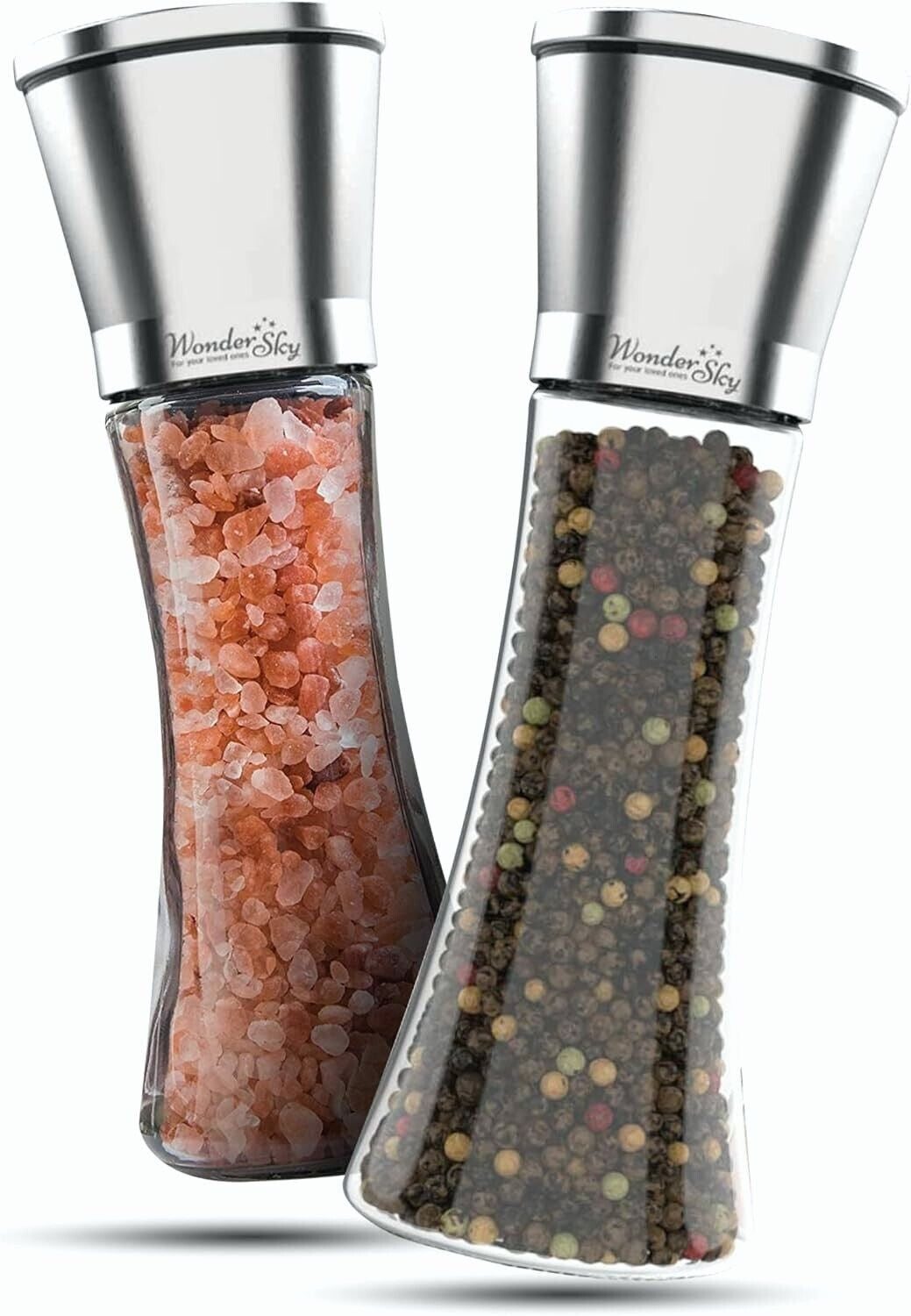 saltshaker, Salt and Pepper Grinder Set - Refillable Stainless Steel & Glass Mills, Adjustable Ceramic Grinder, Mess-Free, Refill, Kitchen Seasoning