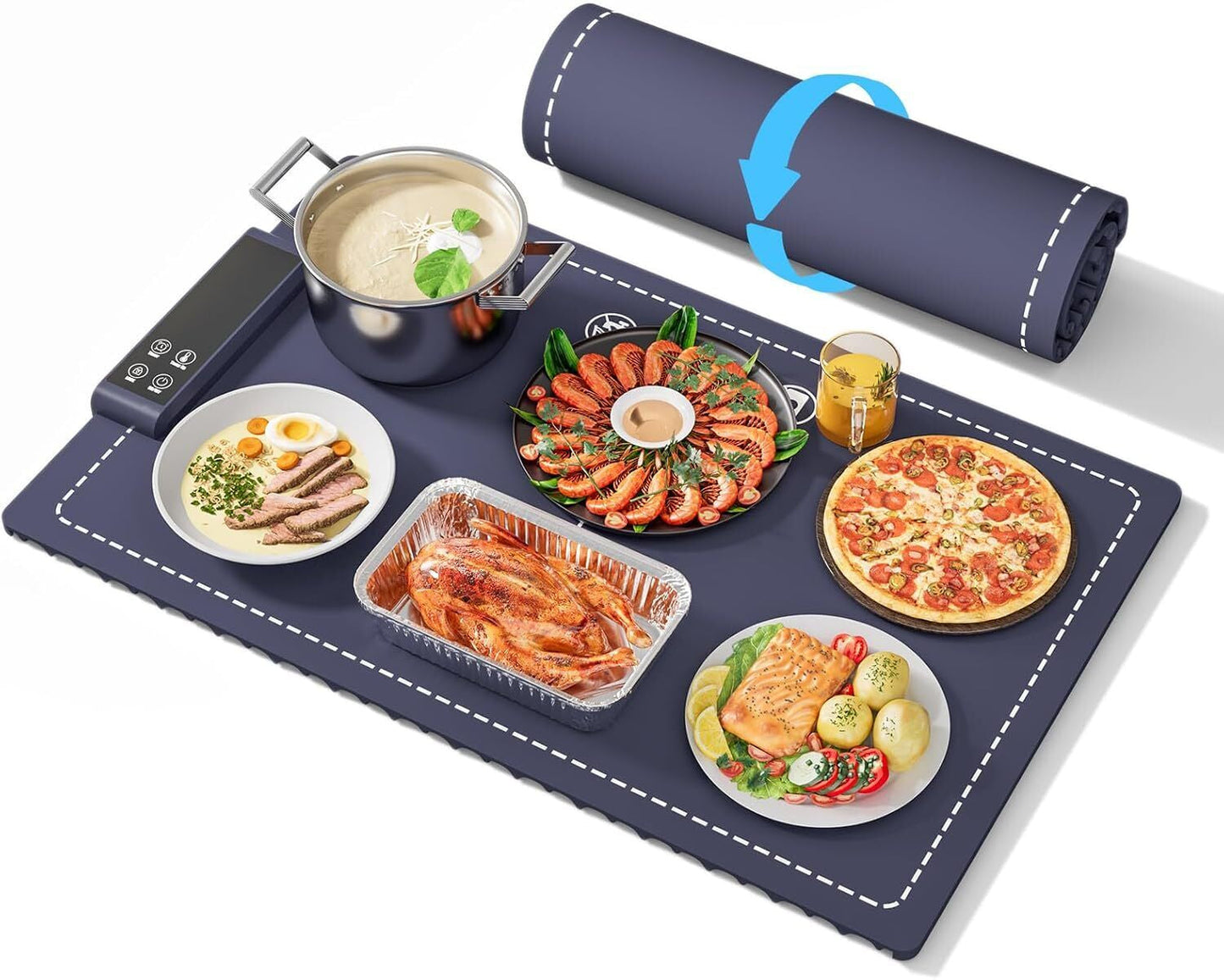 Food Warming Mat Electric Tray – 6 Temperature & 5 Timer Settings, Fast Heating Silicone, Child Lock, Easy to Clean & Roll Up, Customizable 