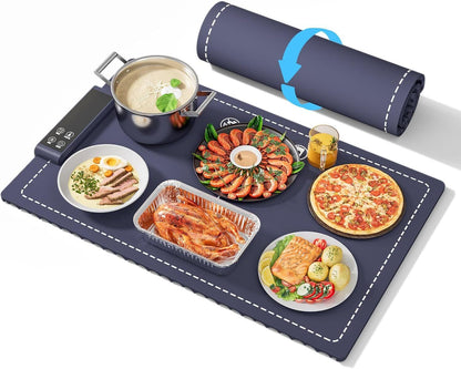 Food Warming Mat Electric Tray – 6 Temperature & 5 Timer Settings, Fast Heating Silicone, Child Lock, Easy to Clean & Roll Up, Customizable 