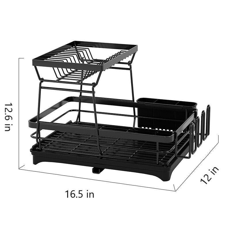 Dish Drying Rack 2-Tier Kitchen Organizer | Space-Saving Drying Rack w/ Drainboard, Rotatable Drain Tray, Utensil Holder, Rustproof & Easy Install