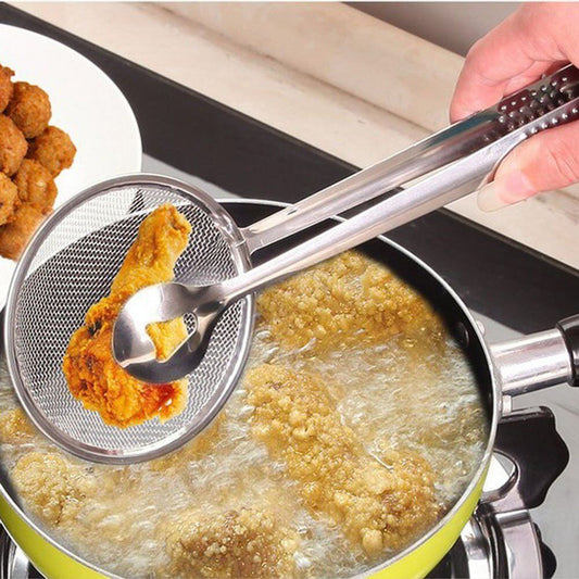 Stainless Steel Filter Clip - Oil Drain Tongs for Fried Food, BBQ, Salad & Cooking | One-Sided Filter, Hollow Design, Multi-Purpose Kitchen Tool 