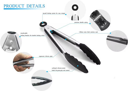 ✅SHIP NOW - Kitchen Food Tongs Silicone Stainless Steel Tongs Set | Black 9"/12"