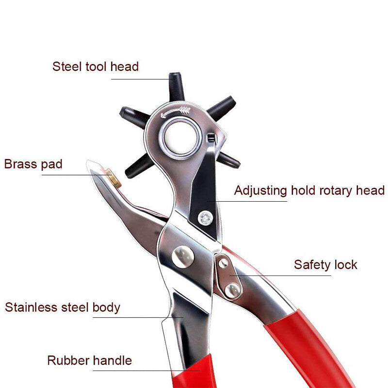 9" Leather Hole Punch Hand Pliers Belt Holes 6 Sized Puncher Heavy Duty Tool New