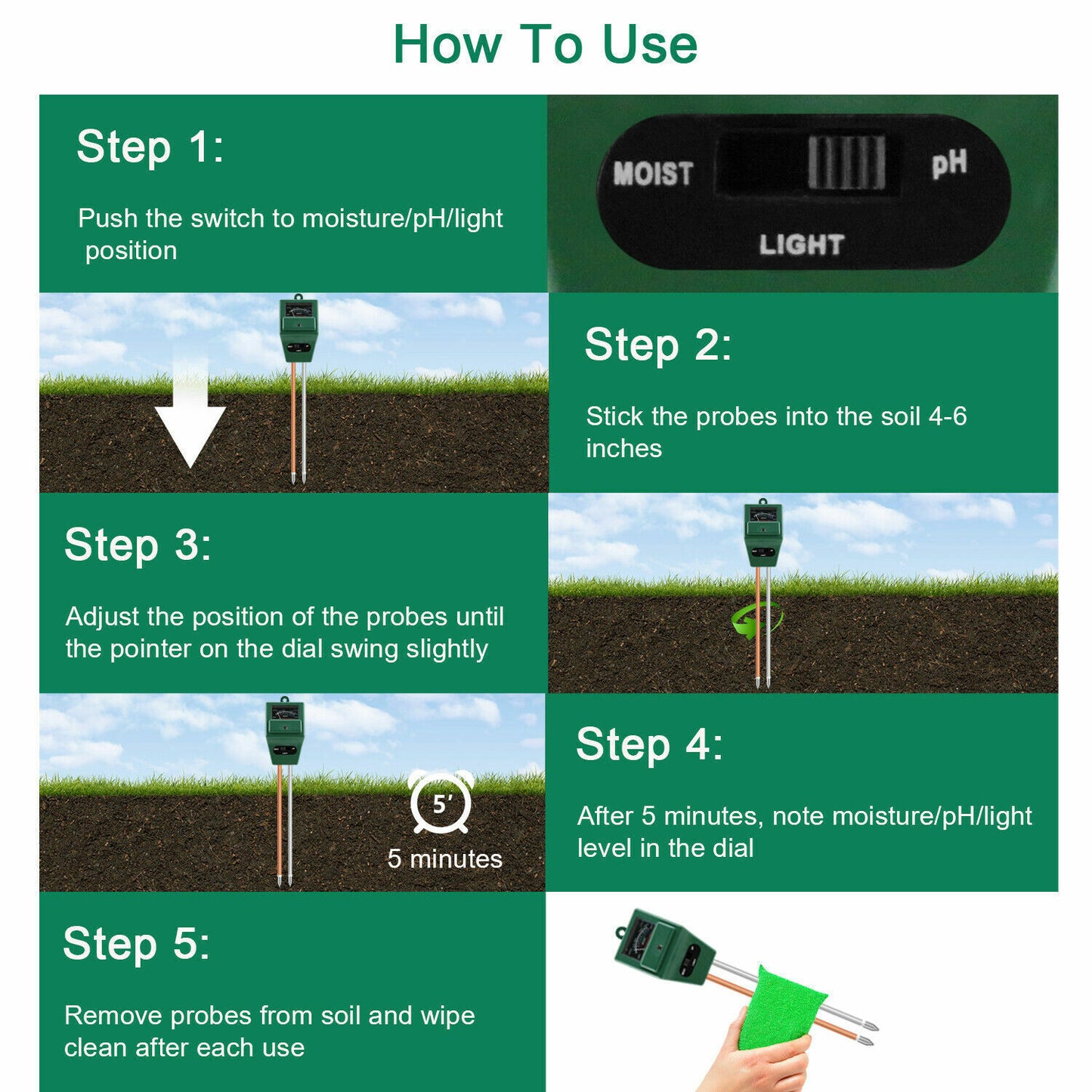 3 In1 Soil Tester Water PH Moisture Light Test Meter Kit for Plant Seeding Tool