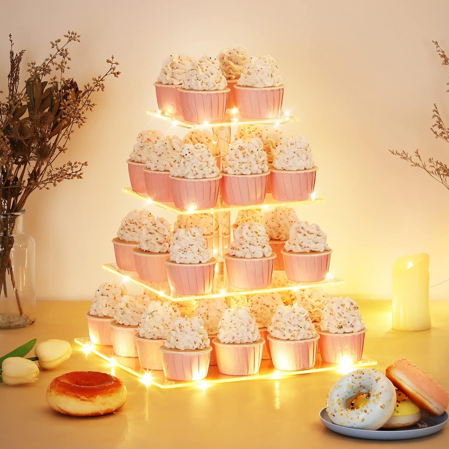 4 Tier Cupcake Stand with LED String Light, Acrylic Cupcake Display Stand, Squar