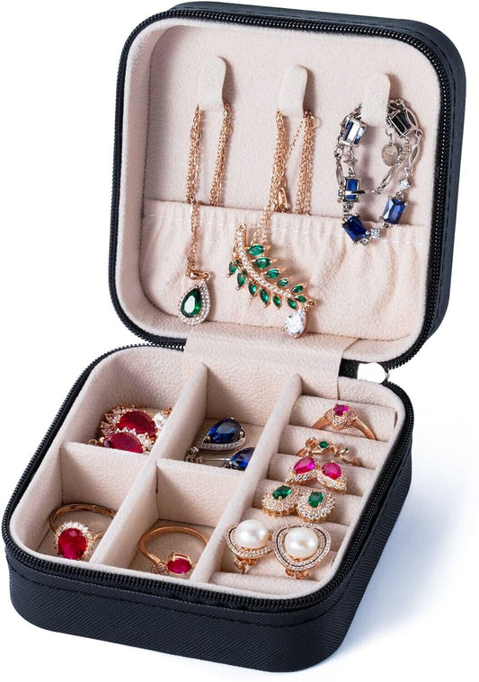 Black Jewelry Travel Case Box – Ring, Earring & Necklace Organizer for Women – Faux Leather, Compact & Stylish for Gift Giving, Storage & Display
