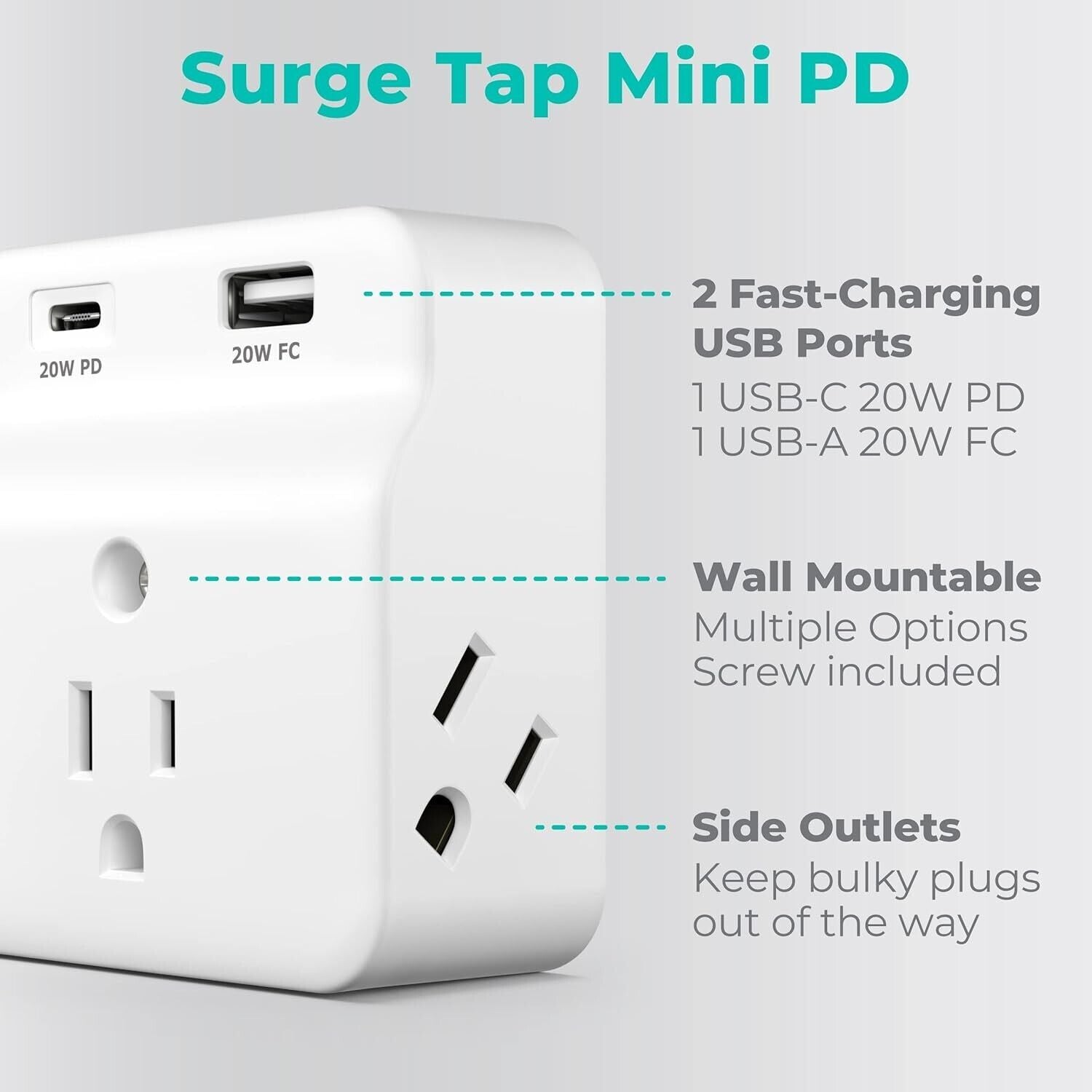 USB Wall Charger Surge Protector - 5 Outlet Extender with 4 USB Charging Ports