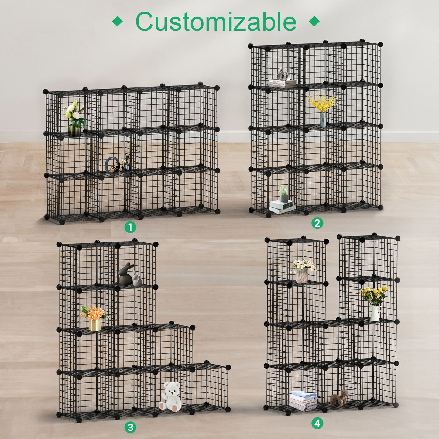 12-Cube Wire Storage Organizer – DIY Metal Bookshelf & Shelving Rack for Bedroom, Living Room, or Closet – Modern Industrial Design, Large Capacity