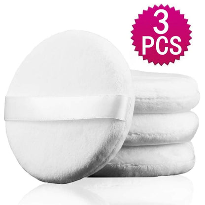 Large Velour Powder Puff 3PCS, 4in/10cm Makeup Applicator with Satin Ribbon, Soft Body Puff for Smooth Powder Application, Flawless Finish Every Time