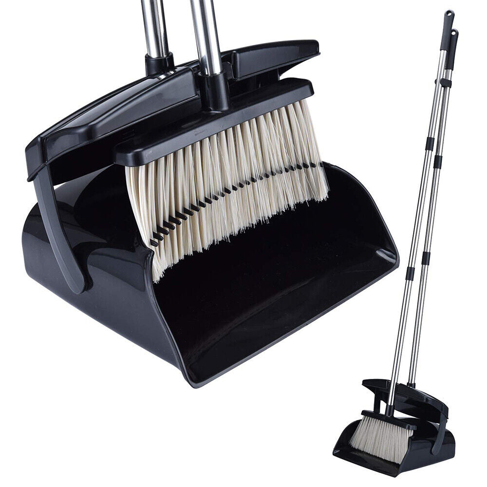 Easy Upright Broom & Dustpan Set – 51” Long Handle, Self-Cleaning Teeth, Standing Dustpan w/ Lid, No Bending, for Home, Office & Outdoor Cleaning