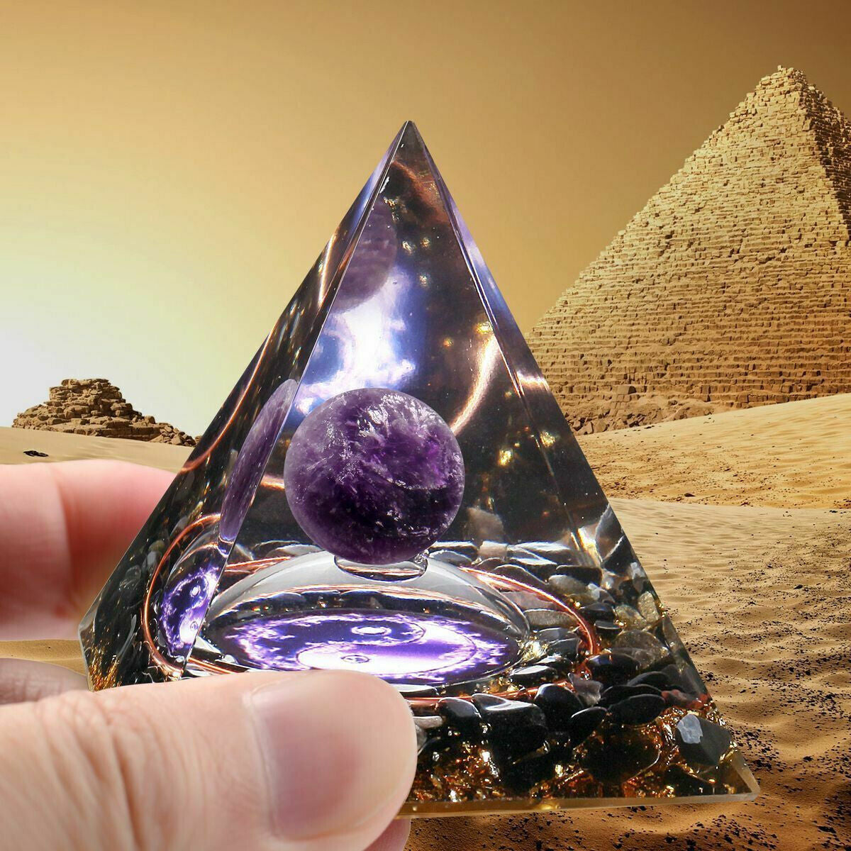 EMF Protection Orgonite Pyramid - Amethyst & Peridot Healing Crystal, Energy Orgone, Spiritual Decor, Positive Vibes, Stress Relief Home & Office Gift