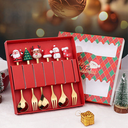 Christmas Themed Cutlery Set 6PCS Christmas Gift Glod Spoon Fork Set Elk Christmas Tree