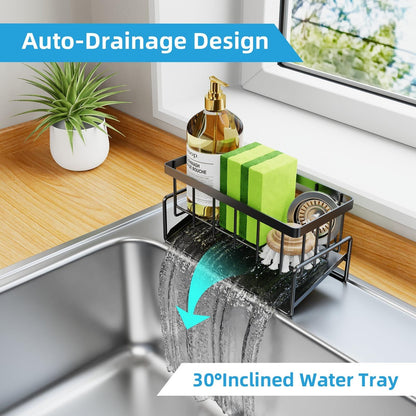 Kitchen Sink Organizer with Self-Drain System - Rustproof Stainless Steel Sponge Holder for Detergent, Brushes & Sponges, No Installation