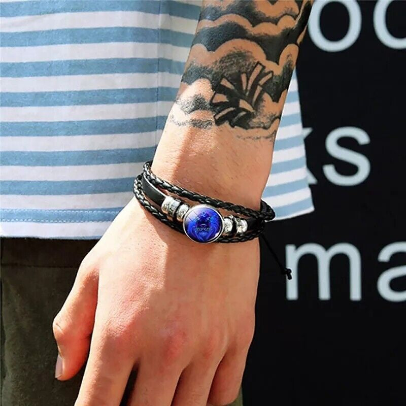 Leather Bracelet Bangle for Men Woman with Signs of the Zodiac Astrology Luminou