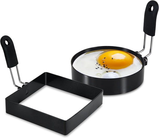 4'' Round+Square Egg Rings Set Silicone Handle Stainless Steel Egg Cooking Rings