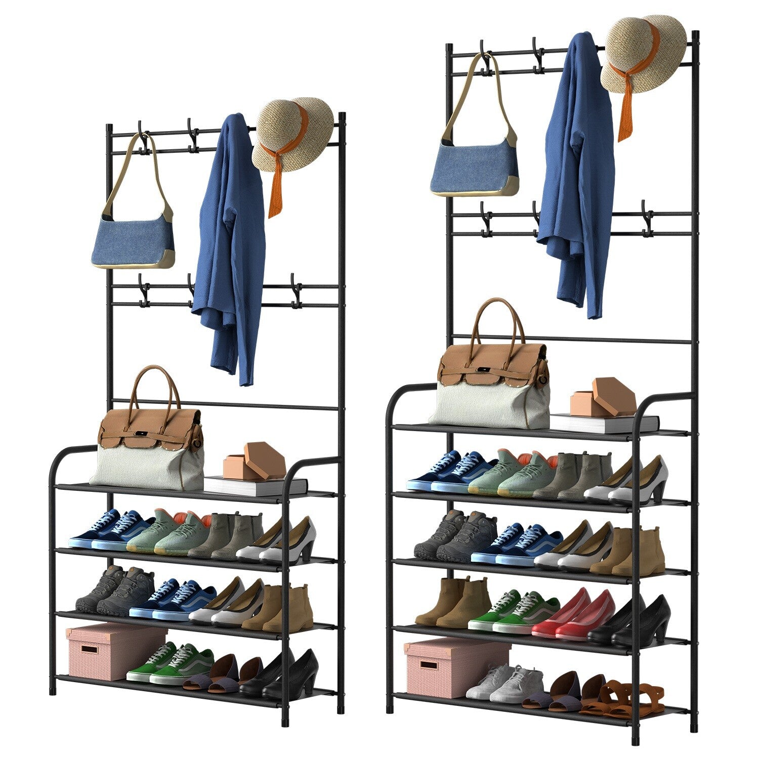 Coat and Shoe Rack for Entryway Organizer Metal Coat Hat Rack W/ 4 Tier Shelves