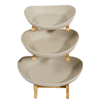 3-Tier Fruit Tray Storage Rack – Bamboo & Ceramic Stand for Snacks, Candy, Sushi – Elegant Display for Home, Parties, Weddings & More (White/Brown)