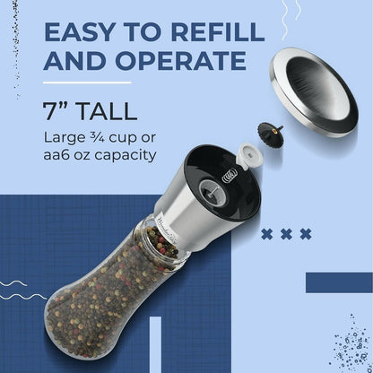 saltshaker, Salt and Pepper Grinder Set - Refillable Stainless Steel & Glass Mills, Adjustable Ceramic Grinder, Mess-Free, Refill, Kitchen Seasoning