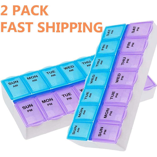 Weekly Pill Box Organizer Twice a Day 7 Day AMPM Medicine Case - 2 Pack, Convenient Portable Storage Healthcare Aid Plastic Multicolor