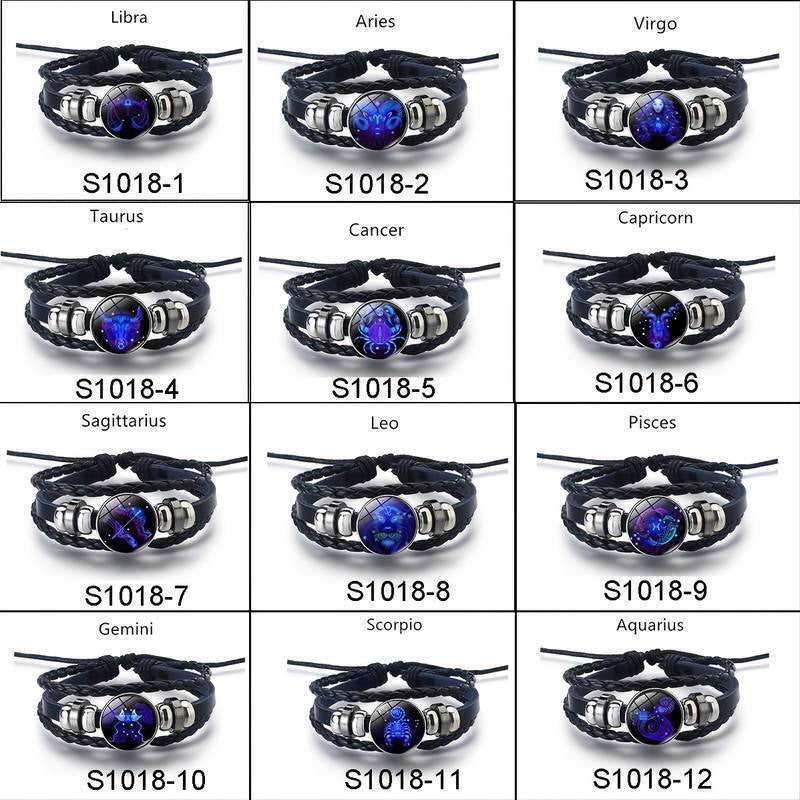 Leather Bracelet Bangle for Men Woman with Signs of the Zodiac Astrology Luminou
