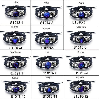 Leather Bracelet Bangle for Men Woman with Signs of the Zodiac Astrology Luminou