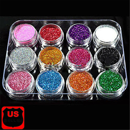 12 Pcs Mix Color Glitter Dust Powder Set for Nail Art Acrylic Tips Decoration US
