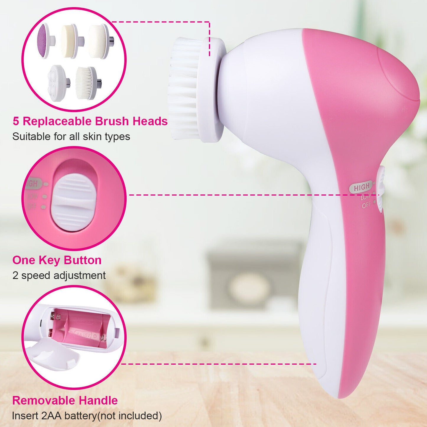 360° 5 in 1 Facial Cleansing Brush Electric Face Body Scrub Tools Waterproof