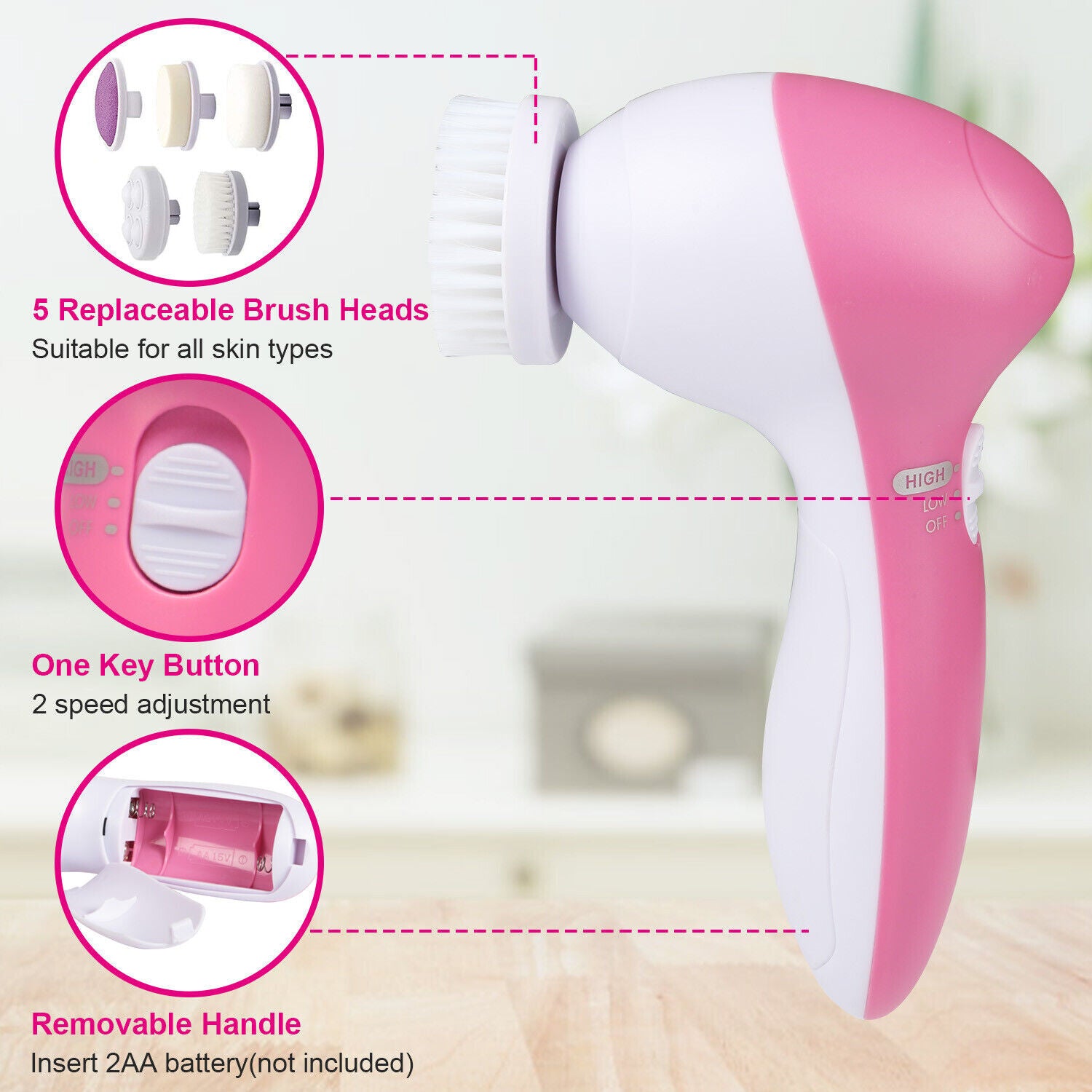 360° 5 in 1 Facial Cleansing Brush Electric Face Body Scrub Tools Waterproof