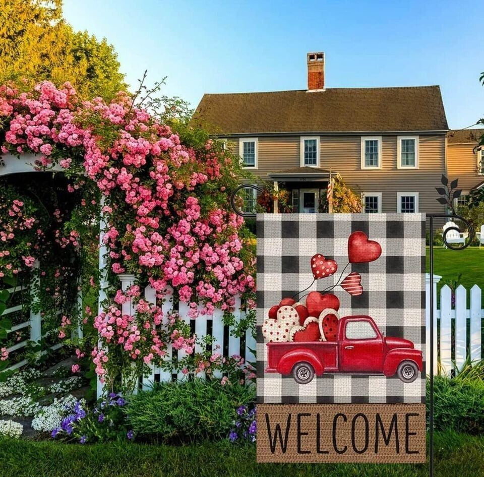 Valentine’s Day Garden Flag, Double-Sided Burlap Flag with Love Heart & Red Truck | Durable 12x18 Inch Yard Decor for Lawn, Porch & Patio