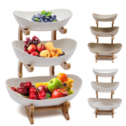 3 Layer Ceramic Fruit Plate Stand - Bamboo Kitchen Organizer for Fruits, Vegetables, Snacks & Sushi, Multi-Layer Storage Tray for Home & Party Display