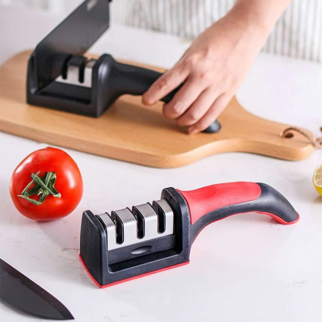 Knife Sharpener for Kitchen Knives, 4-in-1 Manual Blade Sharpener – Easy & Safe Tool for Restoring Sharp Edges at Home, Works on All Blades!