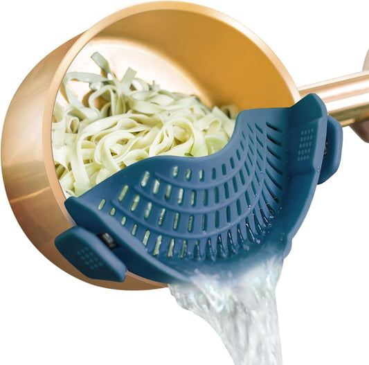 Clip on Strainer Silicone for All Pots and Pans, Pasta Strainer Silicone Blue
