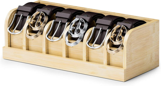 Bamboo Belt Organizer Box,6 Grids Belt Rack, Belt Organizer for Closet and Drawe